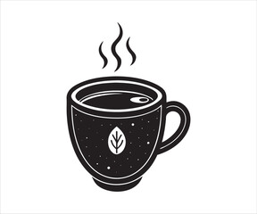 Minimalist Illustration of Steaming Herbal Tea in Dark Mug with Leaf Design on White Background Offering Warmth and Comfort