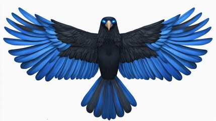 Naklejka premium A beautiful blue bird with vibrant feathers, wings spread wide against a white background, symbolizing freedom.