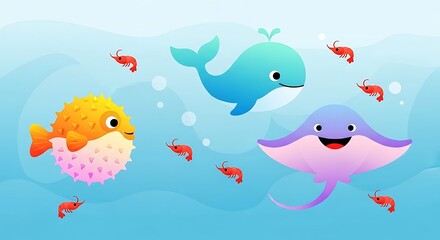 Whimsical Underwater Scene Featuring Cartoon Whale, Pufferfish, and Smiling Ray with Shrimp