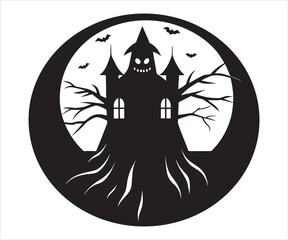 Spooky Halloween Castle Silhouette with Bats Flying under a Creepy Moon for a Festive Holiday Celebration