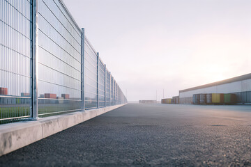 Obraz premium Long stretch of galvanized steel mesh fencing beside a paved area in an industrial zone during early morning light