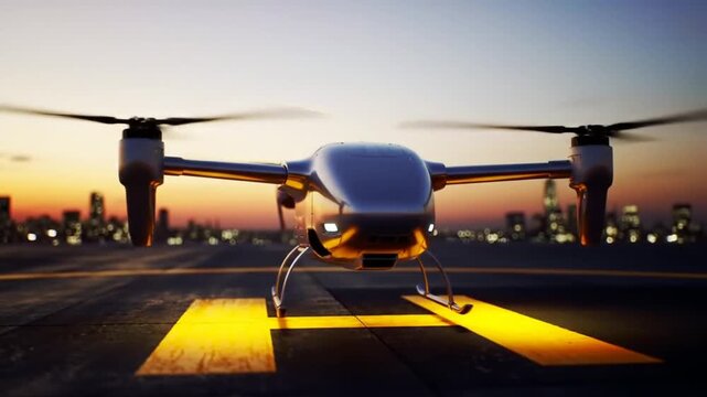 Futuristic Silver Drone on Landing Pad with Airplane and Cityscape at Sunset