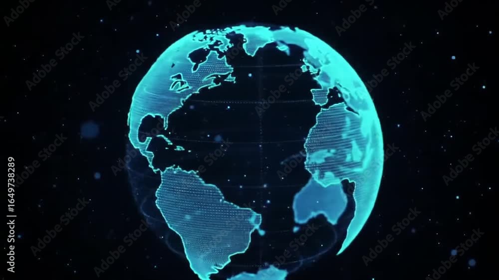 Poster glowing digital blue globe rotating over black background with connected data