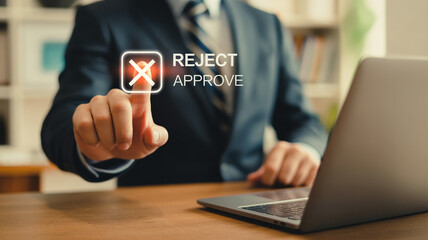 Reject or Approve Concept with Hand Touching Virtual Button on Screen for Decision Making Process
