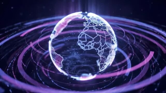 Glowing Digital Globe with Purple Orbits on Black Background for Global Connection