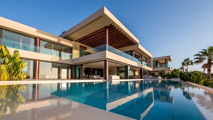 Fototapeta premium Modern luxury villa with infinity pool and palm trees under blue sky
