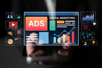 Fototapeta premium Online ads and digital marketing help brands grow. Content marketing builds engagement. Marketing tools boost ROI. Effective ads and marketing drive online business success. Spline