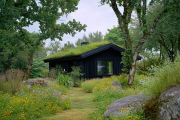 Small black timber house with a green roof surrounded by a lush garden, showcasing nature's beauty in a serene setting