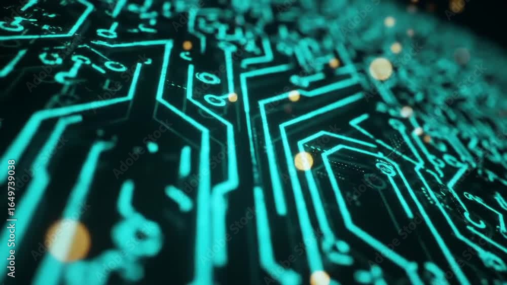 Poster illuminated cyan circuit board pattern with golden dots on dark background