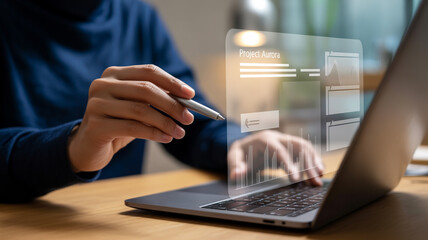 Analyzing Project Aurora Data on Laptop with Holographic Interface for Business Strategy and Innovation Success