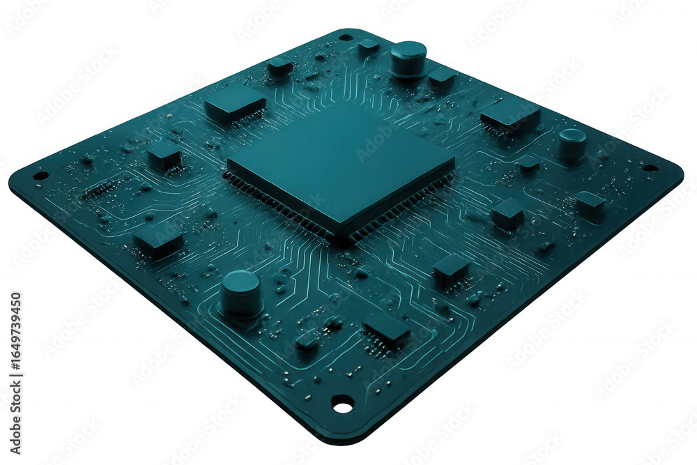 Fototapete close-up view of sleek computer processor resting on green circuit board, revealing complex electron