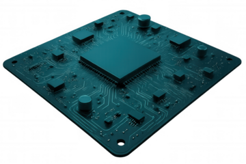 Close-up view of sleek computer processor resting on green circuit board, revealing complex electronic pathways and metallic components against transparent background
