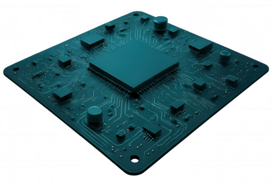 Close-up view of sleek computer processor resting on green circuit board, revealing complex electronic pathways and metallic components against transparent background