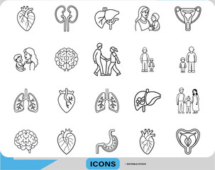 Medical Anatomy Family Health Icons, Human Organs and Family Care Icons, Health Education Parenting Icons, Lungs, Heart, Liver, Family Symbols