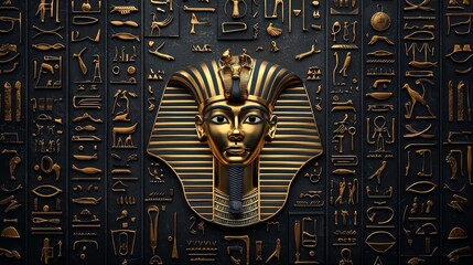A close-up image of an ancient Egyptian pharaoh mask against hieroglyphs.