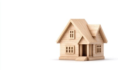 A small, detailed wooden house model sits on a stark white background. The miniature dwelling has a gabled roof, windows, a door, and a small set of steps. It?s a light brown color with great texture