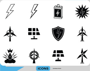 Renewable Energy Icons Solar & Wind Power Icon Battery & Lightning Icons