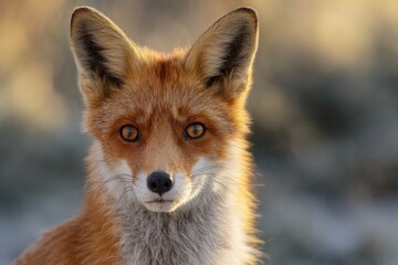 Obraz premium Red fox portrait showcasing distinctive ears and intense gaze in natural habitat during golden hour light