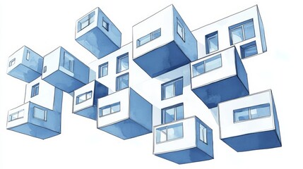 A modern architectural design featuring stacked cubes with large windows, showcasing innovative urban living concepts.