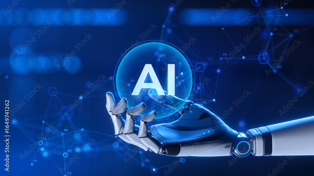 Aufkleber robotic hand holding ai sphere on futuristic digital background with neural network. artificial inte