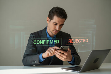Business Professional Using Smartphone for Confirmation or Rejection with Holographic Interface Overlay