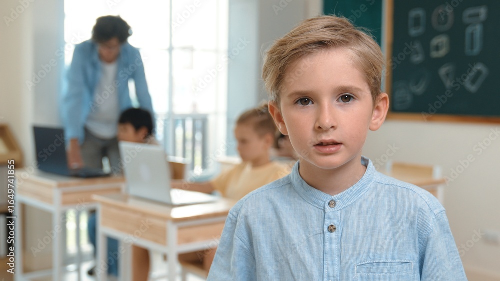 Poster caucasian cute student looking at camera while friend studying about writing engineering code or cod