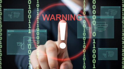 Fototapeta premium Cyber Security Warning Alert with Binary Code and Digital Interface for Data Protection Systems