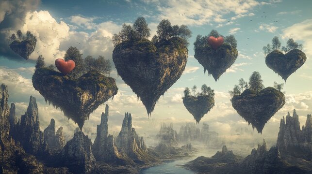 A digital painting of a fantasy world with floating heart-shaped islands, magical and dreamy
