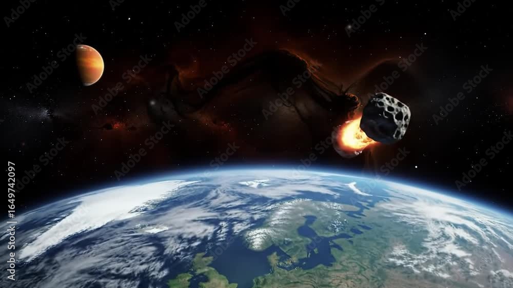 Aufkleber planet earth from space with approaching asteroid against nebula backdrop and pixelated moon