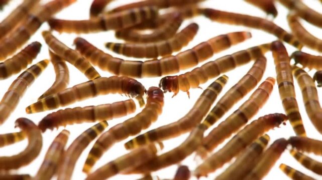 Pile of Brown Mealworms on a White Background Close Up Textured Macro Detail