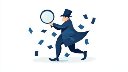 Obraz premium Illustration of a businessman in a top hat examining money with a magnifying glass. Focus on finance and investigation.