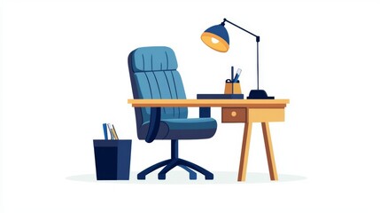 A modern office setup featuring a stylish desk, ergonomic chair, and lamp, perfect for productivity and organization.