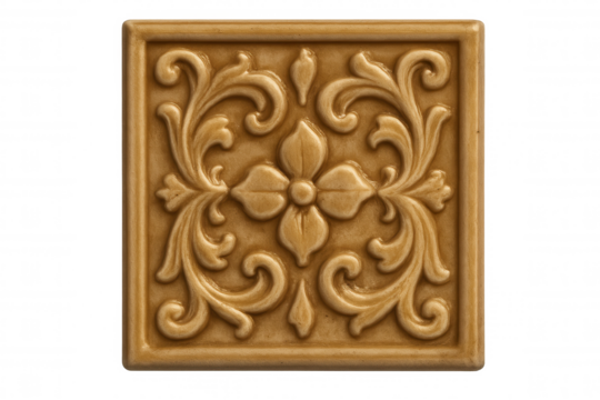 Square ceramic tile showcasing a raised floral pattern, isolated on a transparent background, perfect for design projects