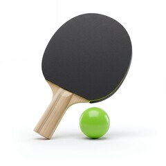 Angled View of Black Table Tennis Bat with Green Trim and Green Ball on Minimalist White Surface, 3D Illustration for Sports Equipment Catalog and Training Content