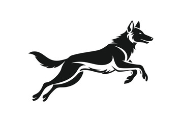 Silhouette of a Black Shepherd Dog Leaping Forward with Energy and Power