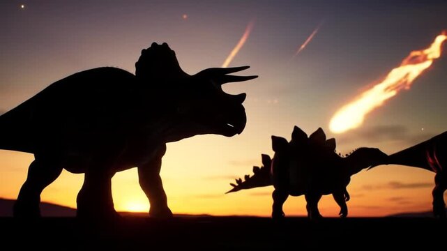 Silhouetted Dinosaurs Under Fiery Meteor Strike During Sunset Apocalyptic Event