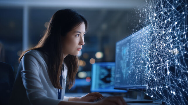A focused woman analyzes data on her computer, surrounded by glowing screens displaying complex digital information and connections.