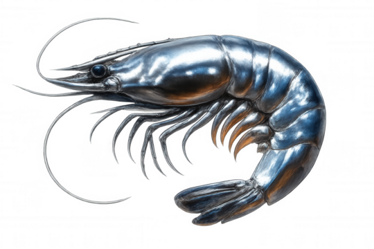 Chrome shrimp sculpture isolated on transparent background, creating a unique and visually striking image