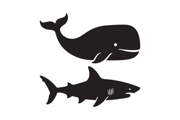 Silhouette of a whale and a shark swimming
