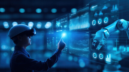 A person in a VR headset interacts with a digital interface, showcasing advanced technology and robotic integration in a futuristic environment.