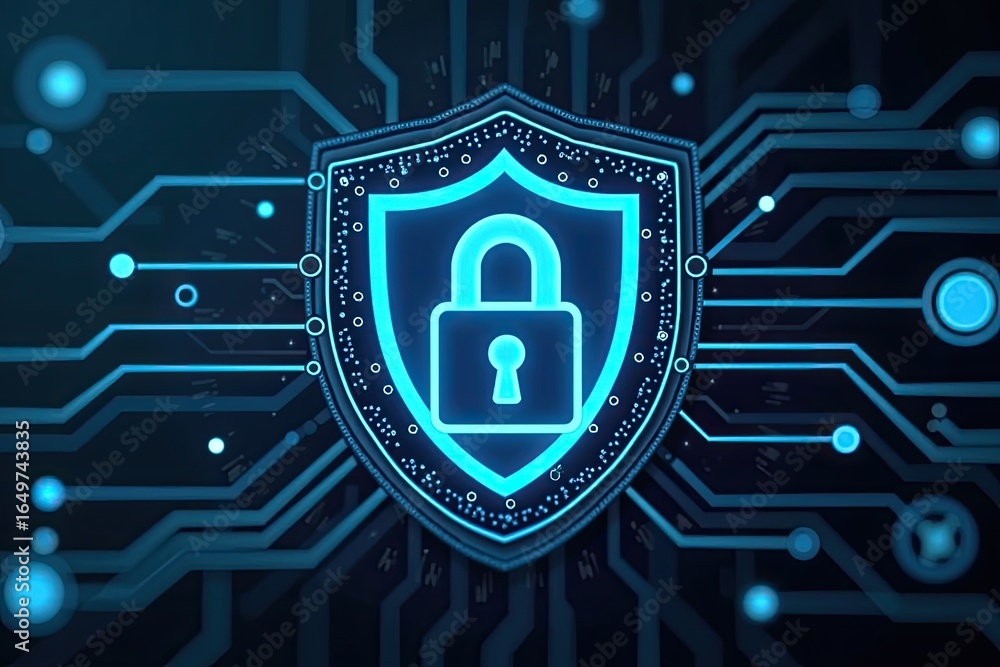 Poster digital shield with a lock graphic displayed on a circuit board background.