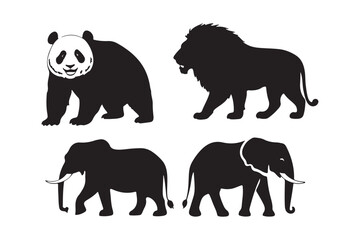 Silhouettes of a panda lion and two elephants on a white background