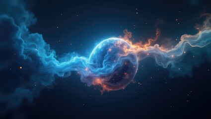 A celestial sphere surrounded by swirling, luminous nebulae.