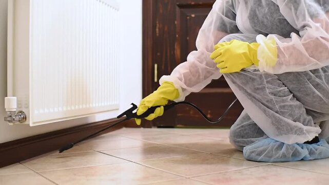 Technician in White Suit Spraying Pesticide on Tile Floor for Extermination