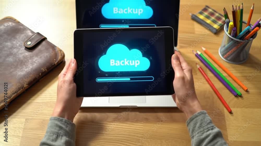 Poster top view of person holding tablet displaying cloud backup process on wooden table