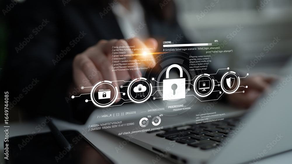 Poster cyber security protects against breaches, hacks, and network attacks using strong infrastructure and