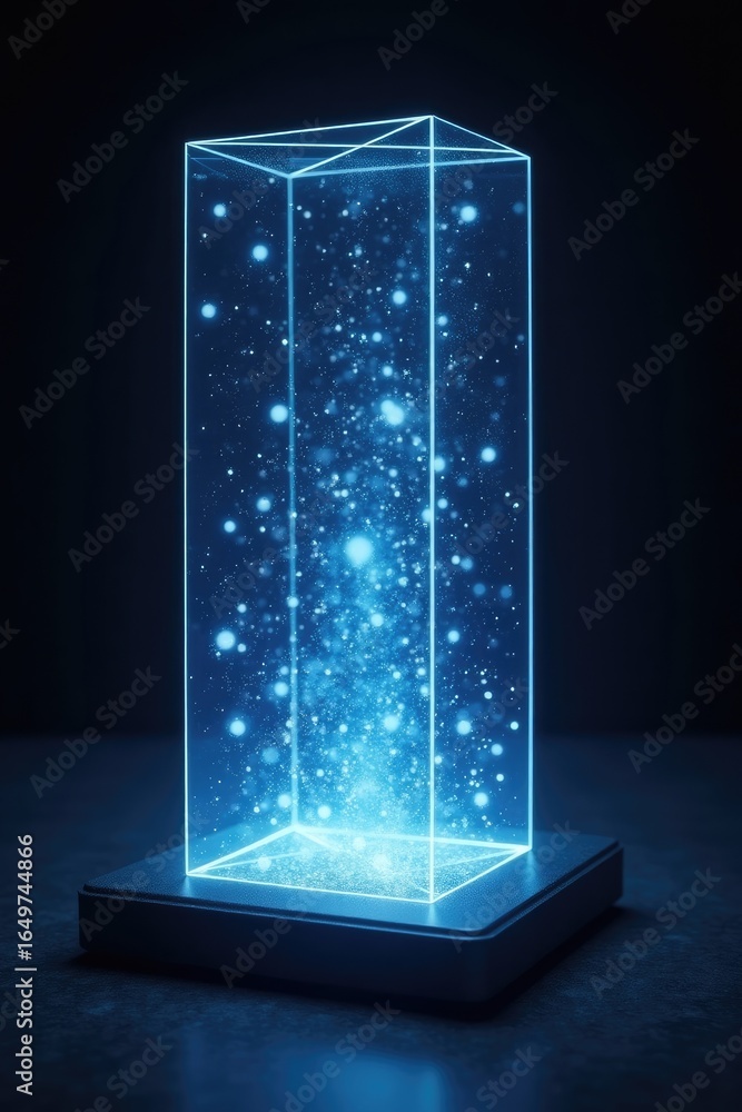 Poster illuminated, glowing prism displaying ethereal particles.