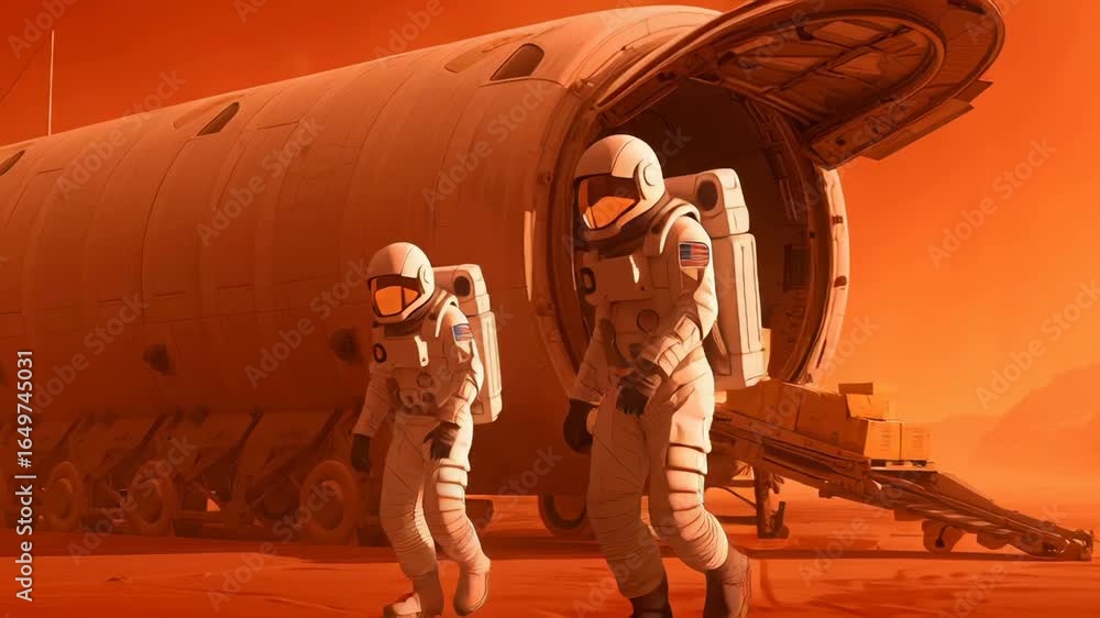 Poster two astronauts in white spacesuits unloading cargo containers from large cylindrical spacecraft on o