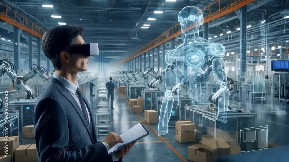 Aufkleber man in business suit wearing virtual reality headset interacts with translucent robotic hologram in 