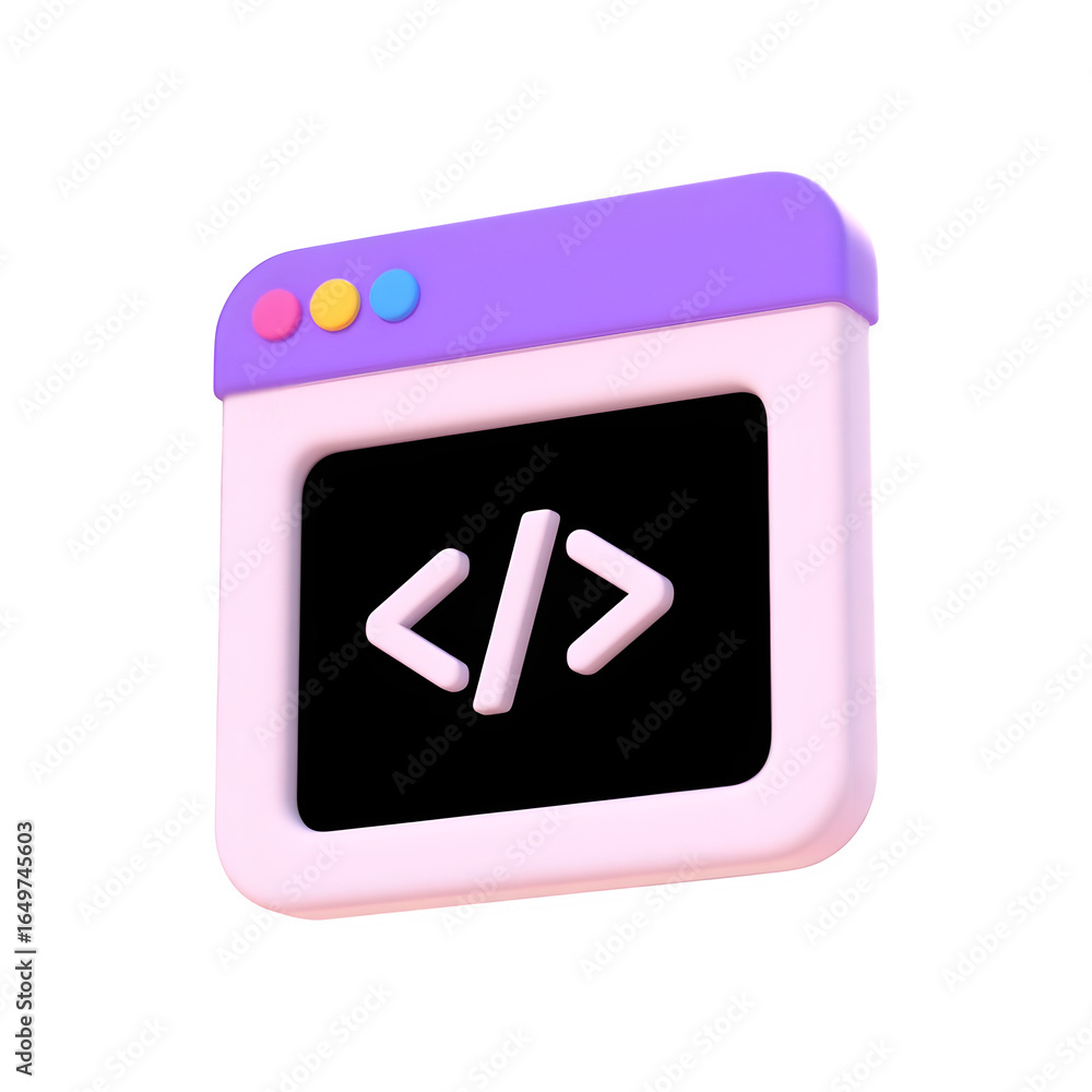 Poster 3d stylized code editor window interface element for digital design isolated on transparent backgrou